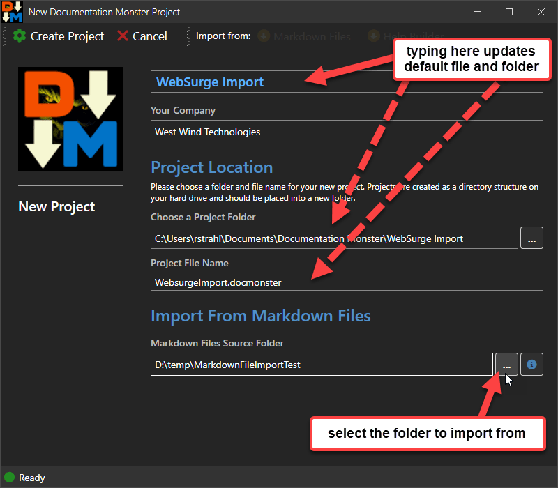 New Project Dialog Import From Markdown Files